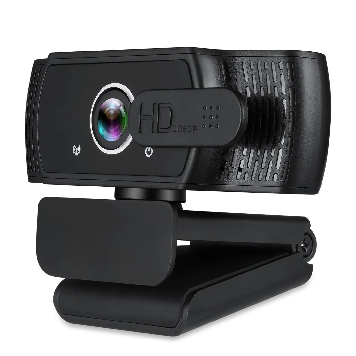 Black 1080P USB webcam with built-in microphone and a universal clip for laptops.
