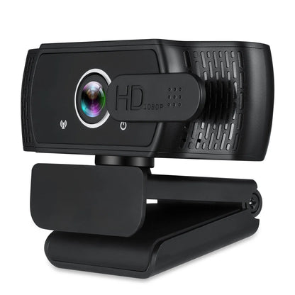 Black 1080P USB webcam with built-in microphone and a universal clip for laptops.