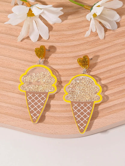 Colourful acrylic earrings with fruit and dessert designs including cherry, strawberry, watermelon, pineapple, coconut, cake and ice cream motifs
