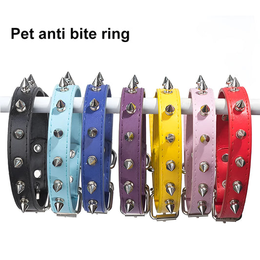 Spiked black PU leather dog collar with metal studs and an alloy metal fastener.