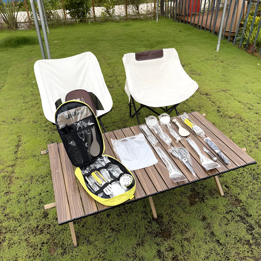 12-piece stainless steel picnic kitchenware set in a storage bag, colour options khaki green brown