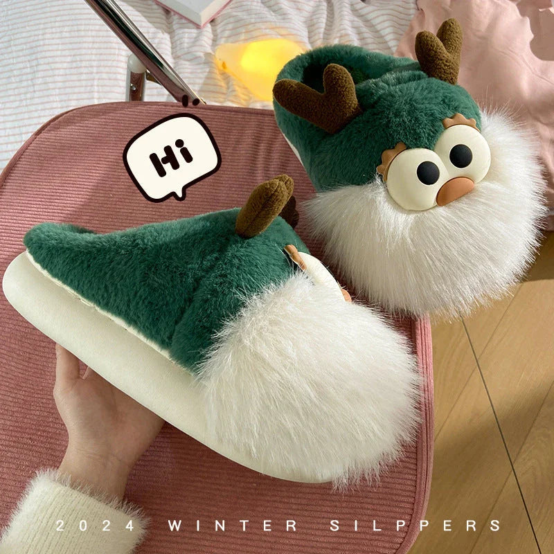 Cozy Cartoon Deer Slippers with Plush Fabric, Thick EVA Soles, and Whimsical Design for Comfortable Indoor Wear