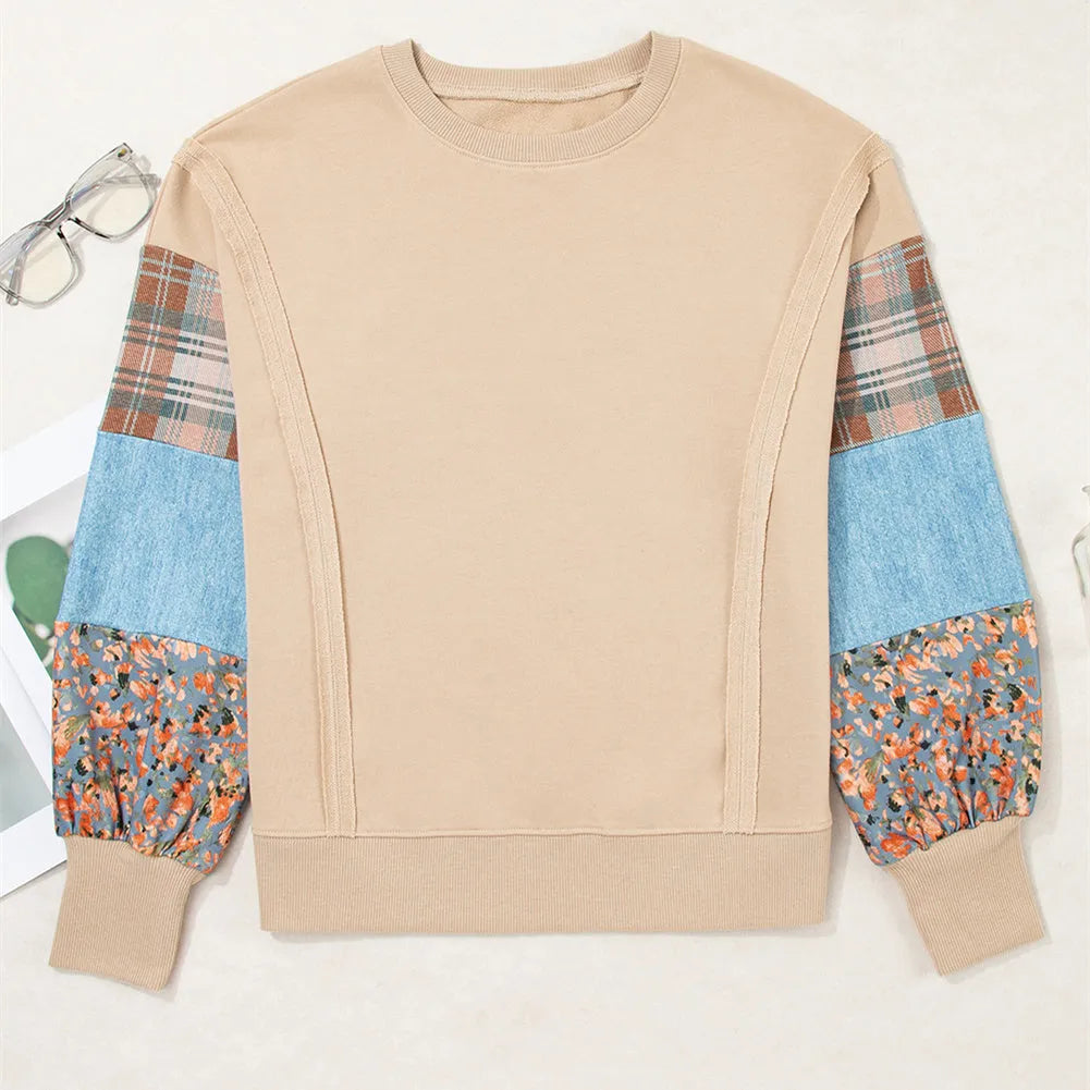 Women's plaid stitching long-sleeved polyester pullover top in loose fit beige and red colours