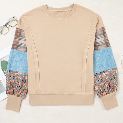 Women's plaid stitching long-sleeved polyester pullover top in loose fit beige and red colours