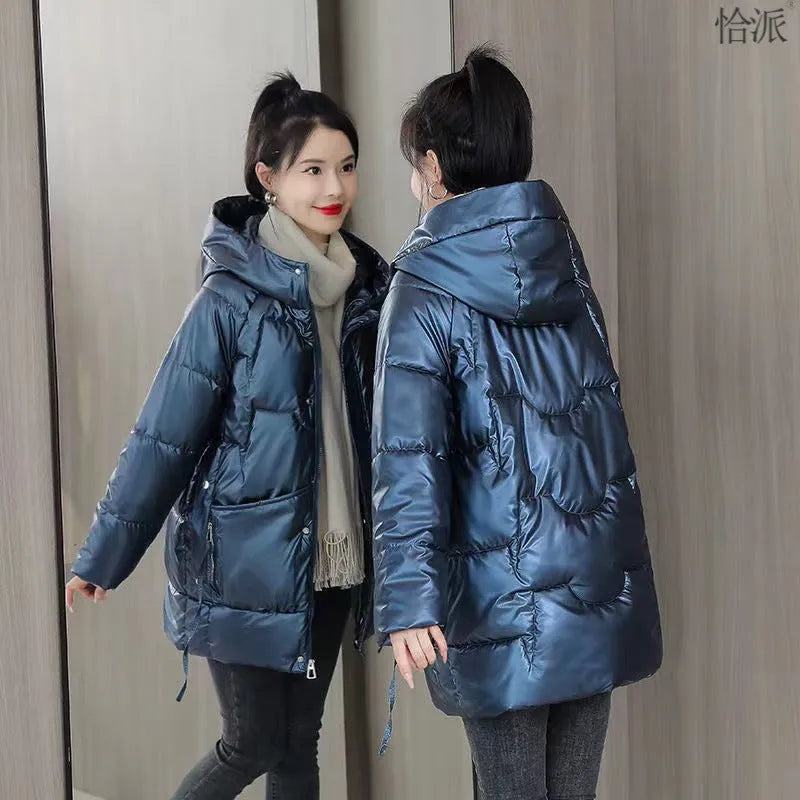 Women's winter hooded down jacket in ultra-thin acrylic fabric, available in four colours and sizes for 40-85kg weight range