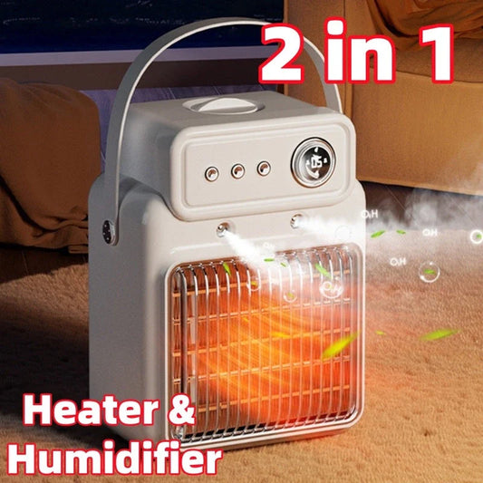 A sleek and modern 2-in-1 heater and humidifier with adjustable temperature, wind speed, and mist settings for customized climate control.
