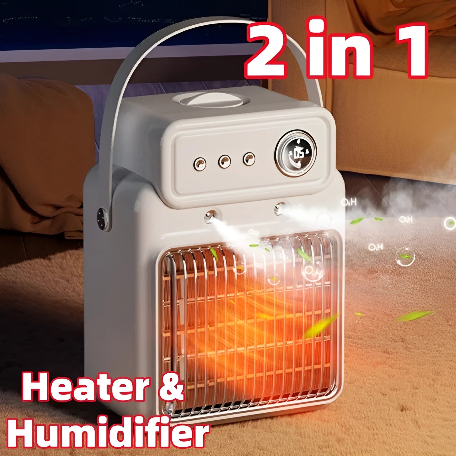 White compact table heater with humidifier function, control panel showing heat and fan settings.