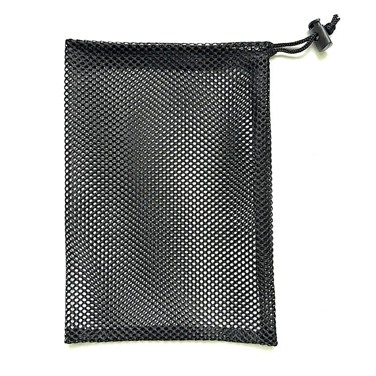 Black drawstring mesh bag for children's water balloons in three sizes with bottomless side design