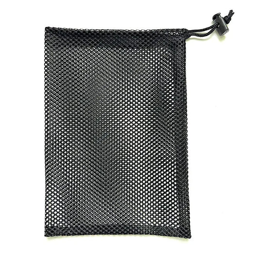 Black drawstring mesh bag for children's water balloons in three sizes with bottomless side design