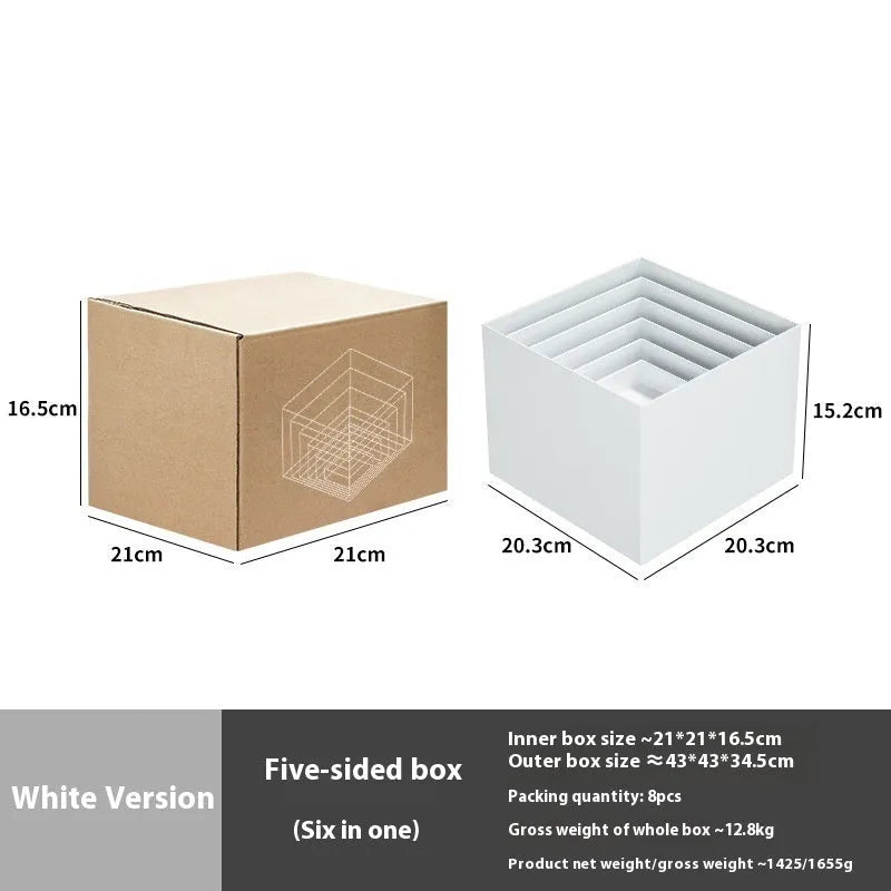 Six acrylic cubes in graduated sizes 3-8cm for dessert display, available in transparent or white