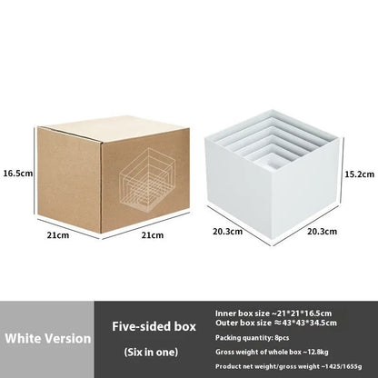Six acrylic cubes in graduated sizes 3-8cm for dessert display, available in transparent or white