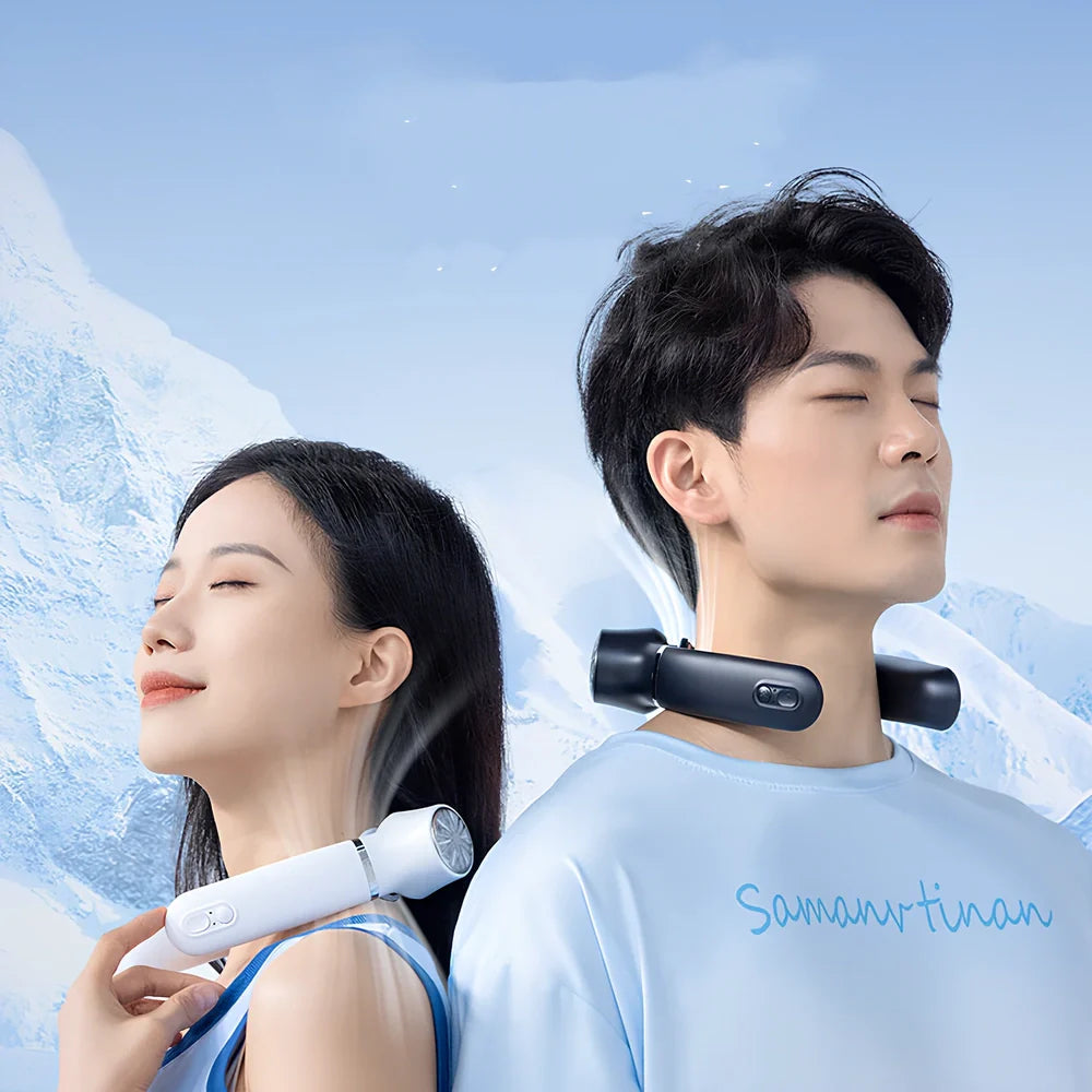 USB rechargeable neck fan with semiconductor cooling in white, dark blue, or light green colours