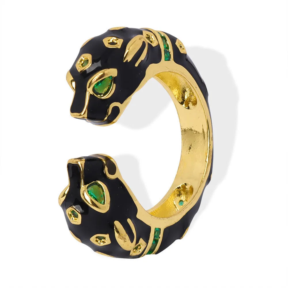 Women's black cheetah open ring with oil dripping design on copper in size 7
