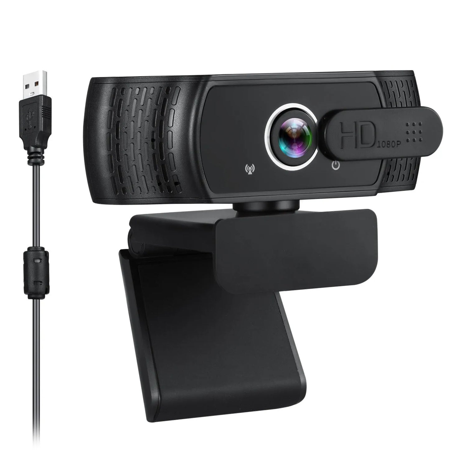 Black 1080P USB webcam with built-in microphone and a universal clip for laptops.
