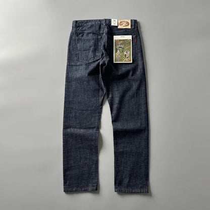 Men's straight-leg denim trousers in primary colour with mid-waist design and 100% cotton fabric