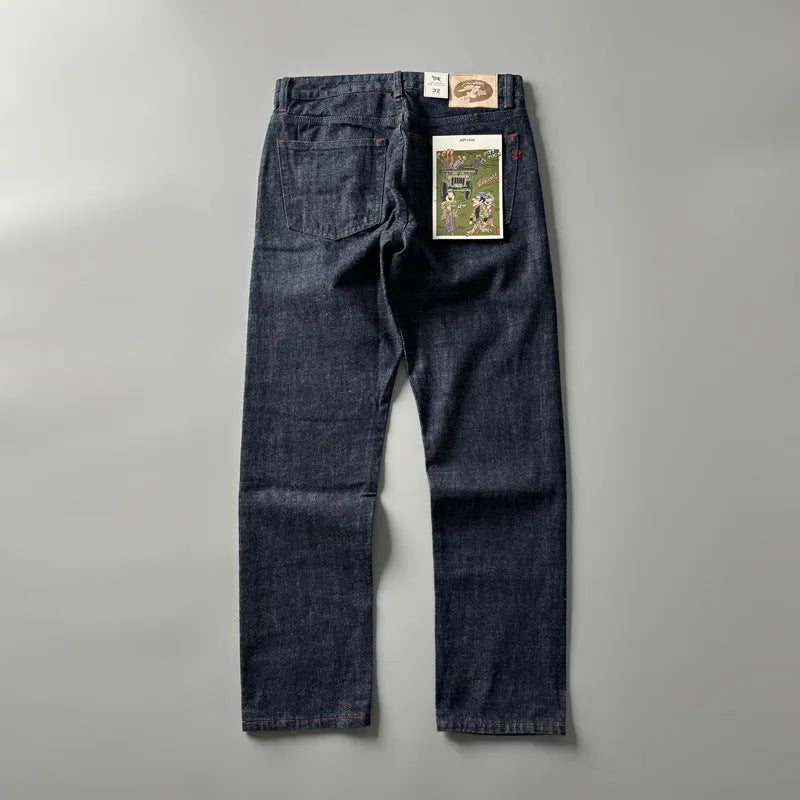 Men's American Retro Straight Long Denim Trousers: Mid-waist design with a 29-36 size range for youth, crafted from 100% cotton denim for a classic, inelastic fit.