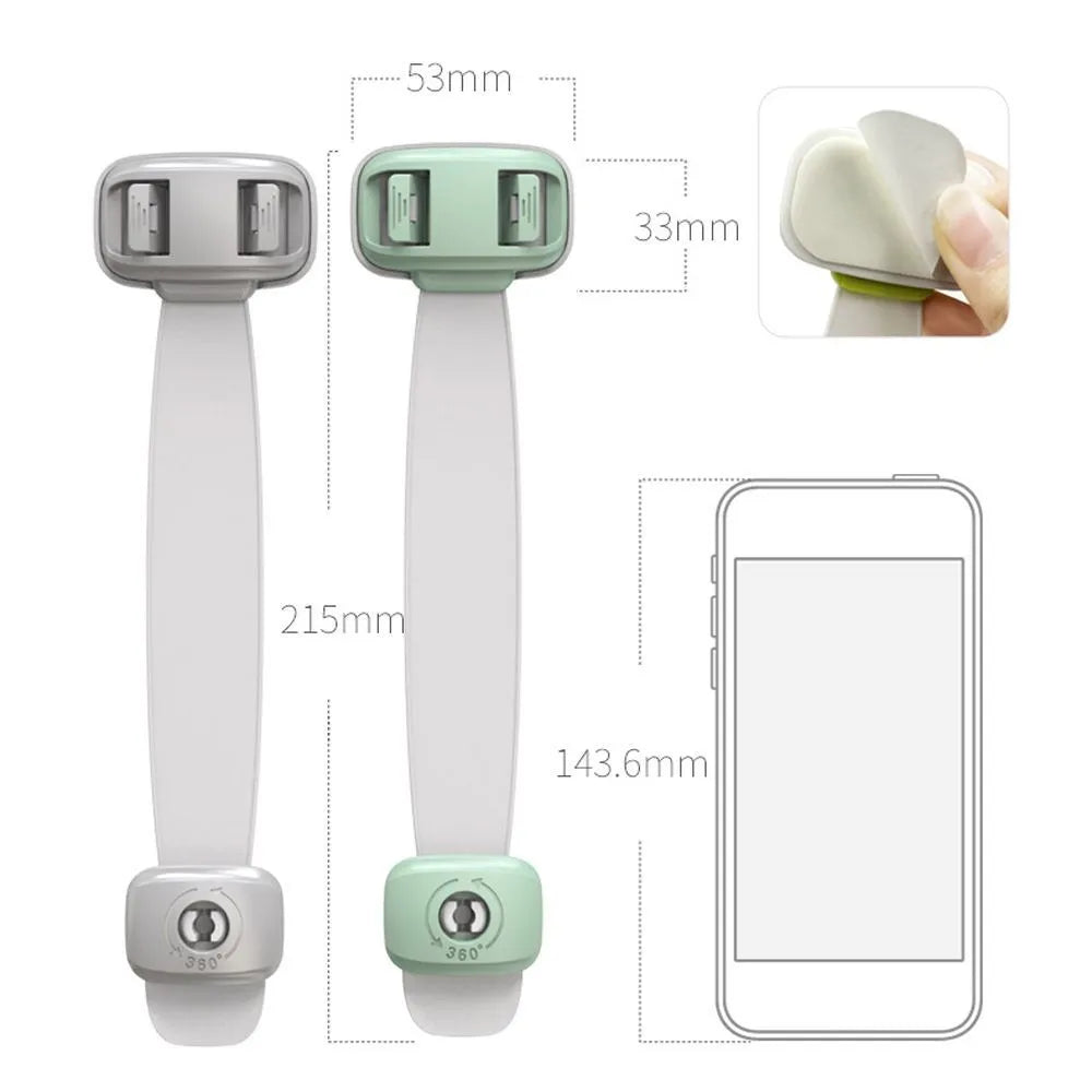 Grey adjustable child safety lock strap with 3M adhesive, shown securing a cabinet door.
