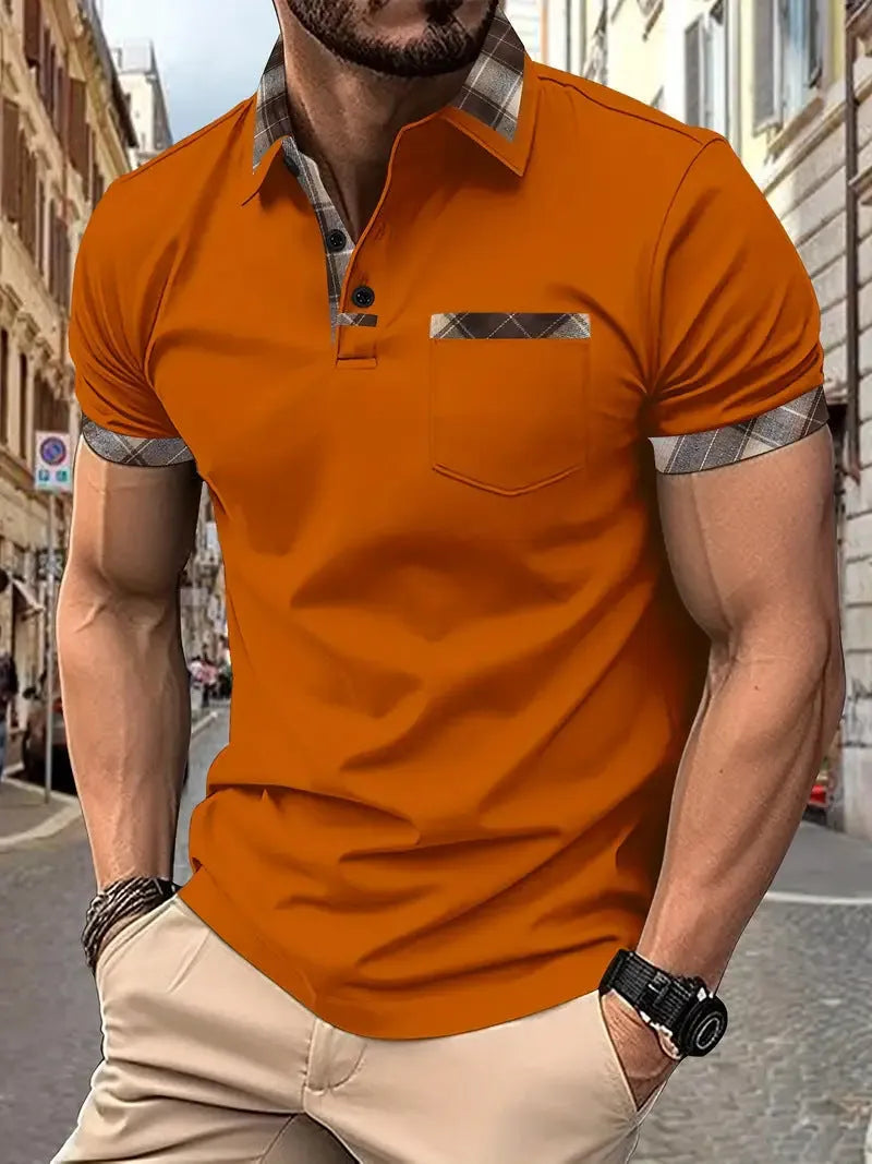 Men's short sleeve plaid colourblock t-shirt with zipper decoration in various colours and sizes