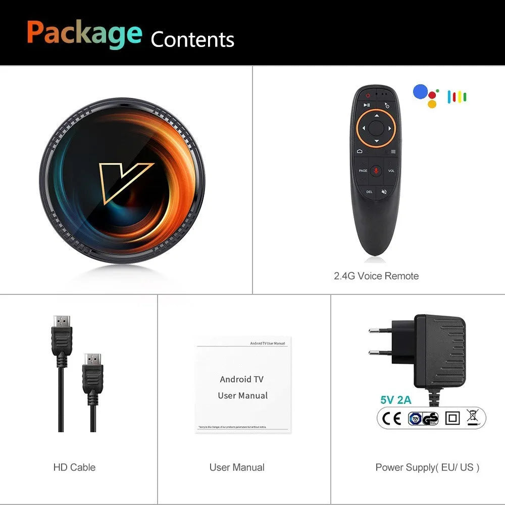 Black W2 ATV Android TV Box with AndroidTV 11, Amlogic S905W2, dual WiFi, HDMI 2.1, and 2.4G remote control