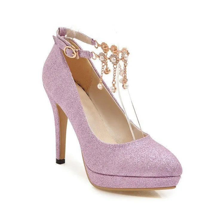Women's blue platform stiletto heels with special fabric upper, shown in shallow mouth cut for ankle.