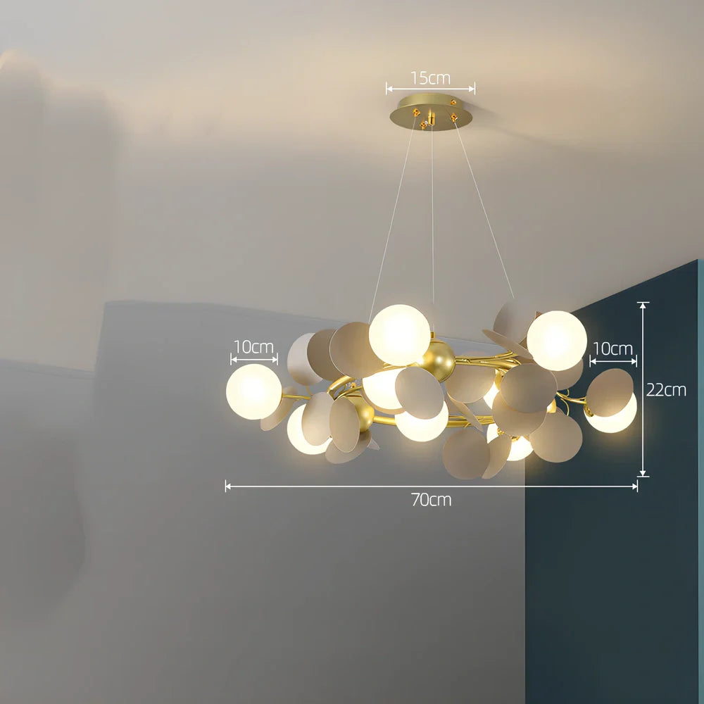 Nordic minimalist chandelier with multiple light heads in metal and glass construction
