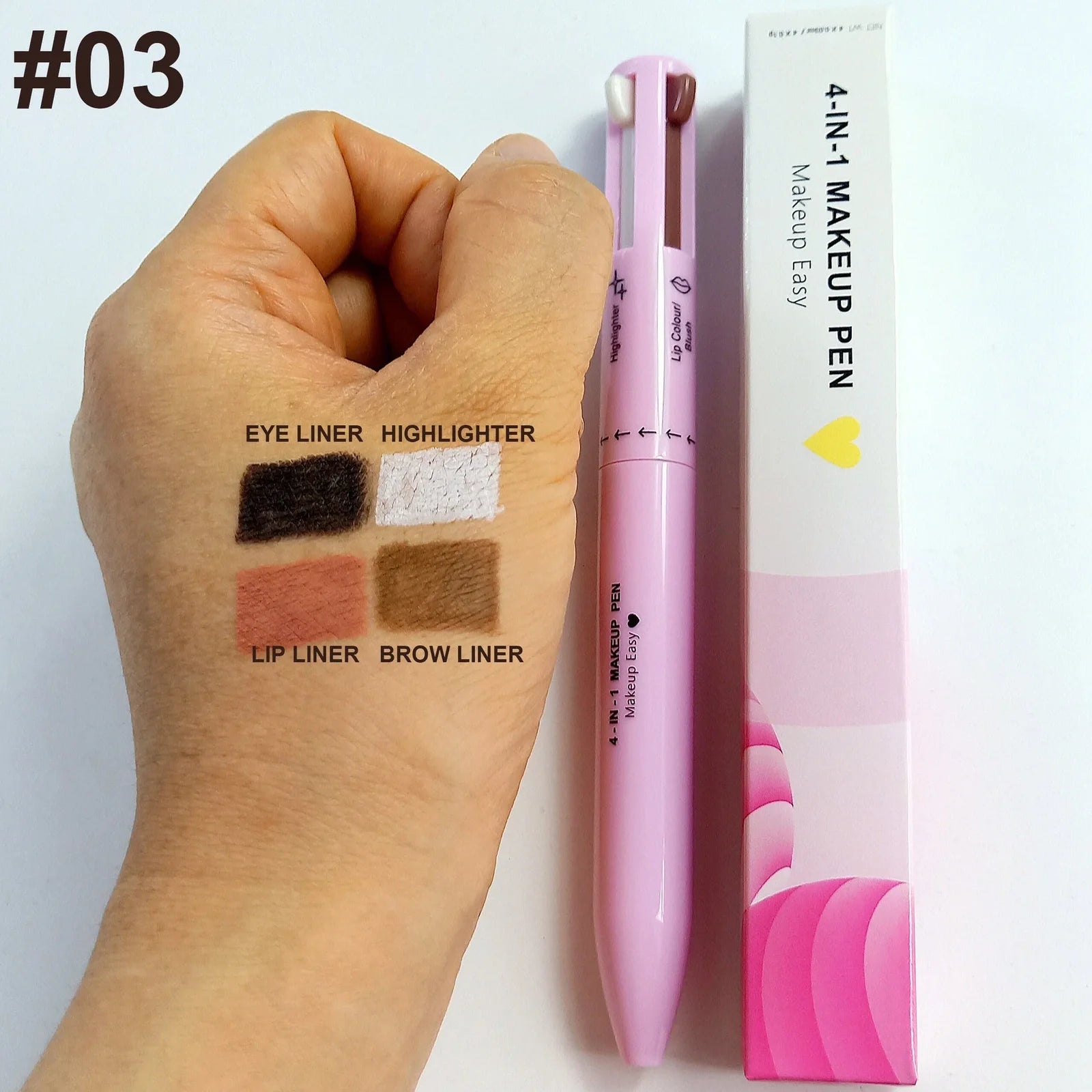 Four-in-one eyebrow pencil showing four colour options in 15cm compact refillable design