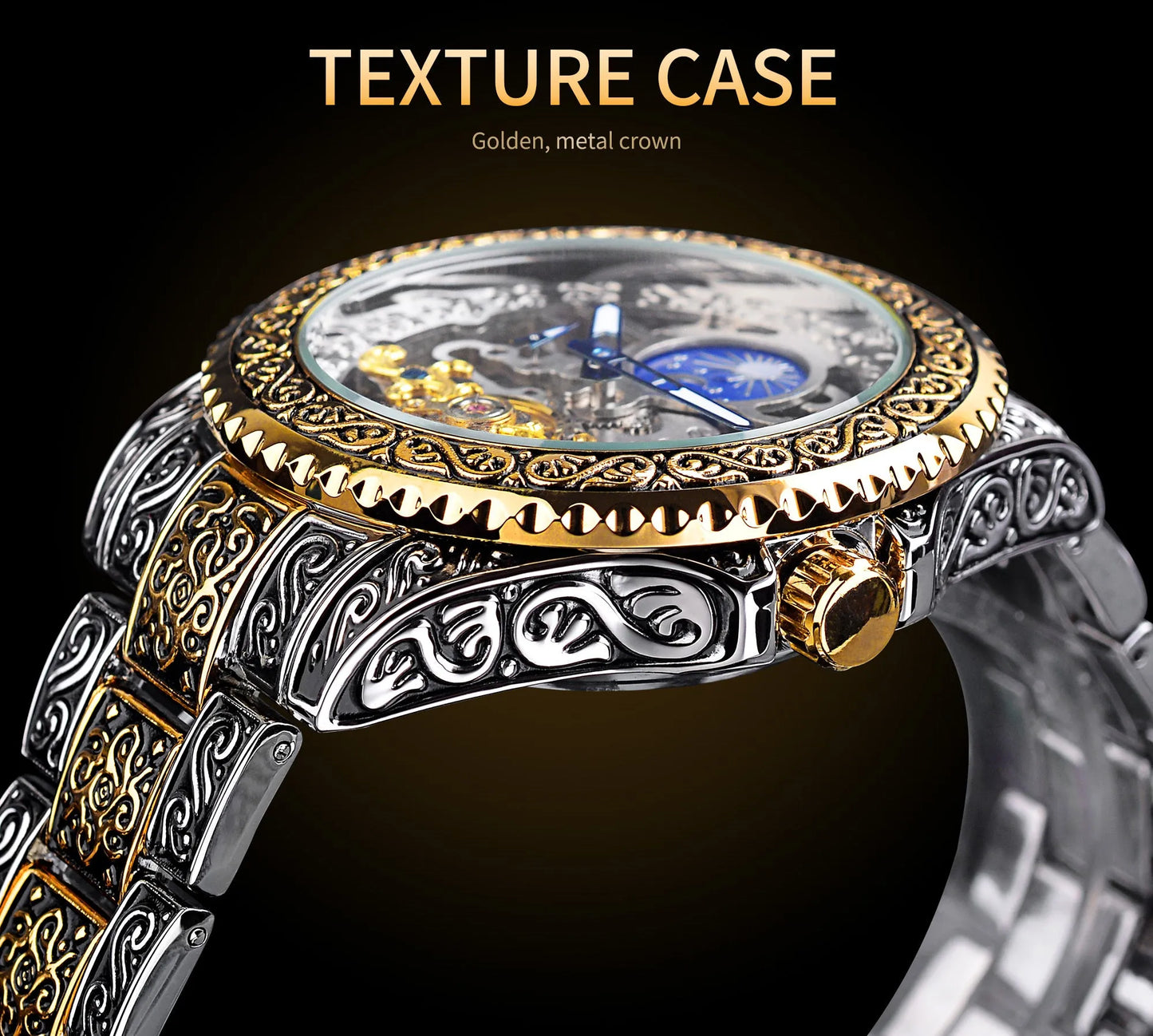 Forsining yellow stainless steel skeleton tourbillon automatic watch with 44mm case.