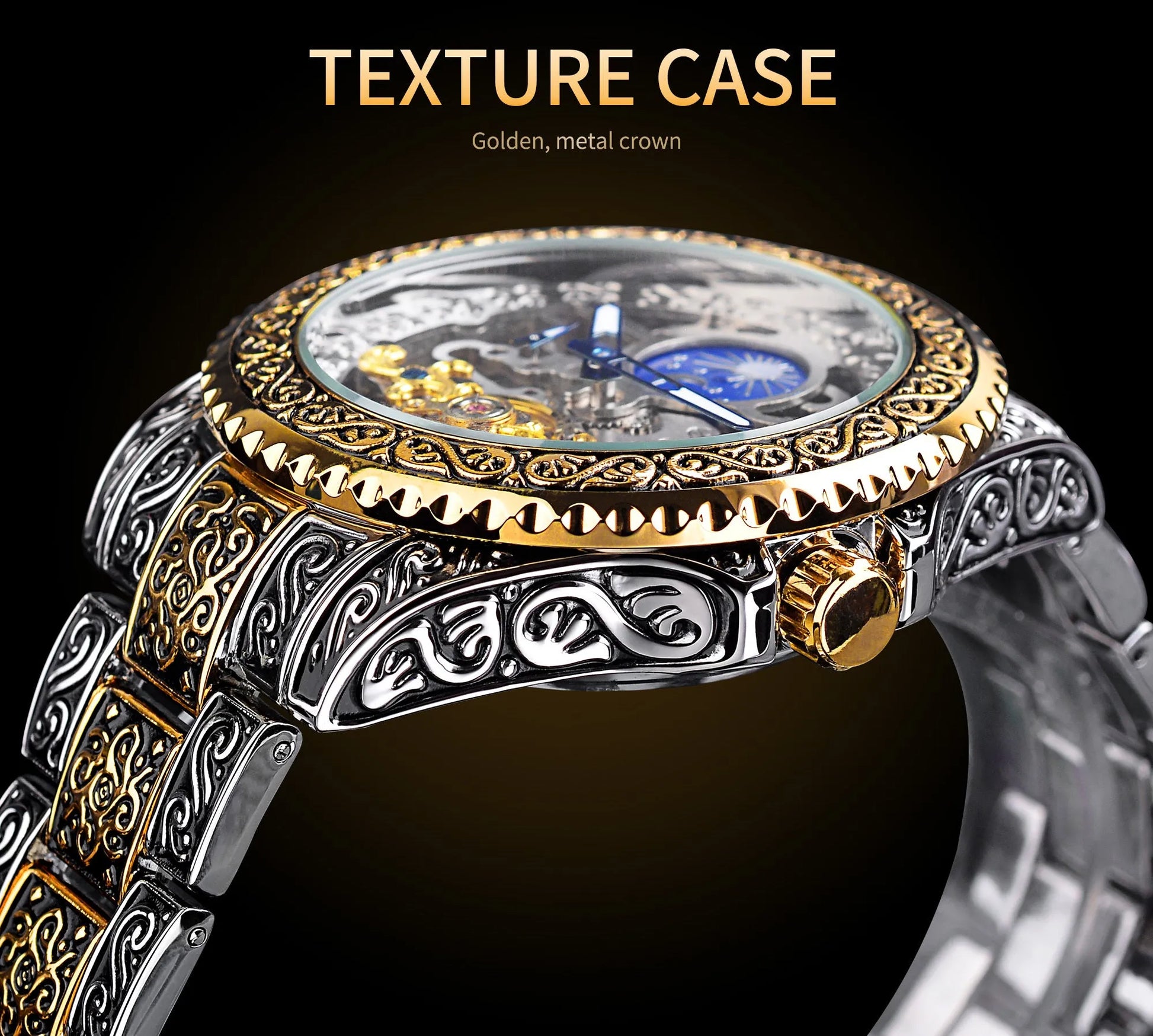 Forsining yellow stainless steel skeleton tourbillon automatic watch with 44mm case.