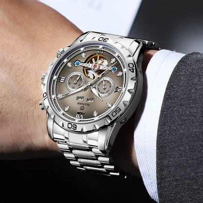Men's automatic mechanical watch with stainless steel strap and mineral glass face in business style
