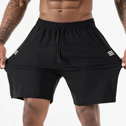 Men's black ice silk quick-drying sports shorts with drawstring waist on a mannequin.