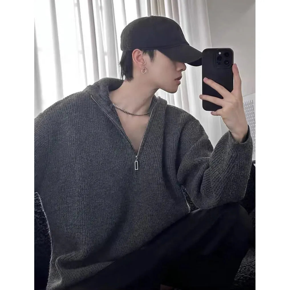 Loose baggy knitted sweater coat, long sleeve, polyester fiber, shown in dark gray black khaki, sizes M to 3XL