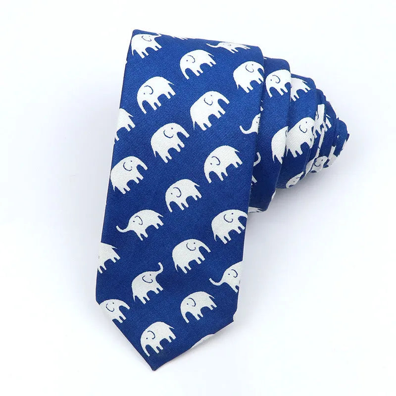 A narrow Korean-style cotton bow tie featuring a cartoon print, shown in a selection of colours.
