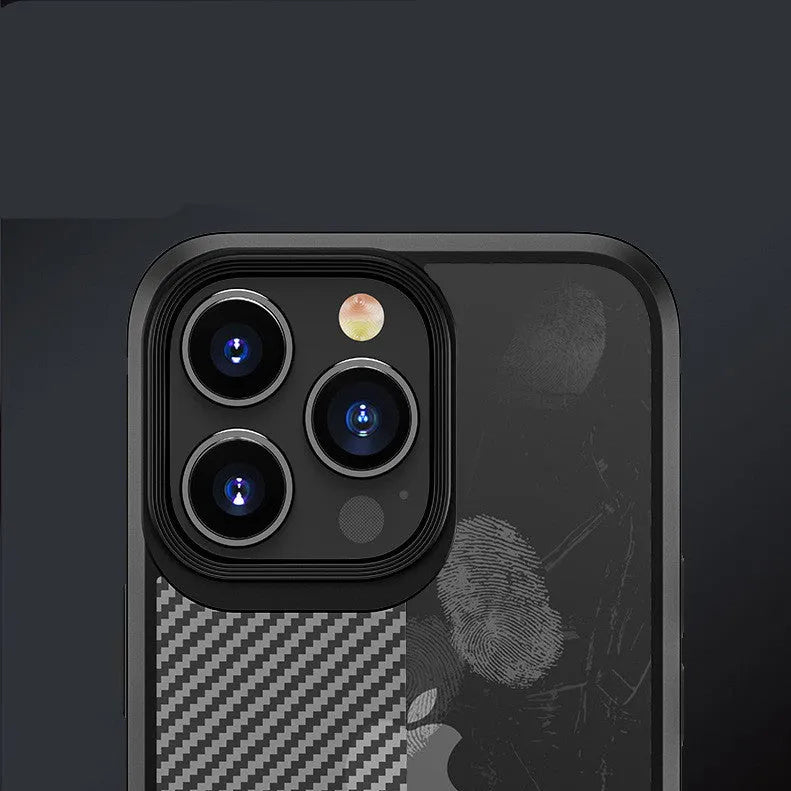 Mobile phone case with anti-fall protective cover made from TPU and PC materials in black or blue solid colour with carbon fibre pattern for Apple iPhone 13, 13 mini, 13 Pro and 13 Pro Max models with injection moulded construction