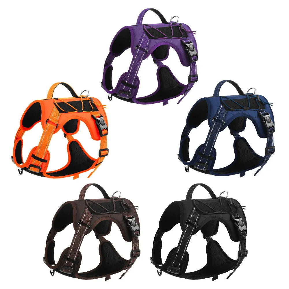 Orange reflective dog harness with attached black hand-holding rope leash shown on a medium-sized dog.