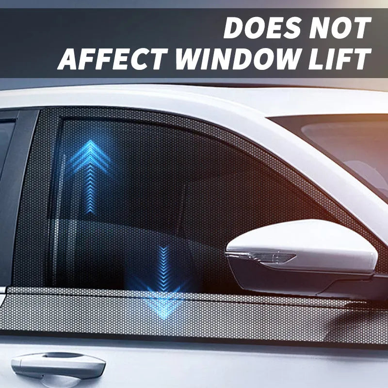 Stretch-fit mesh sunshades installed on a car's front and rear side windows for sun and insect protection.
