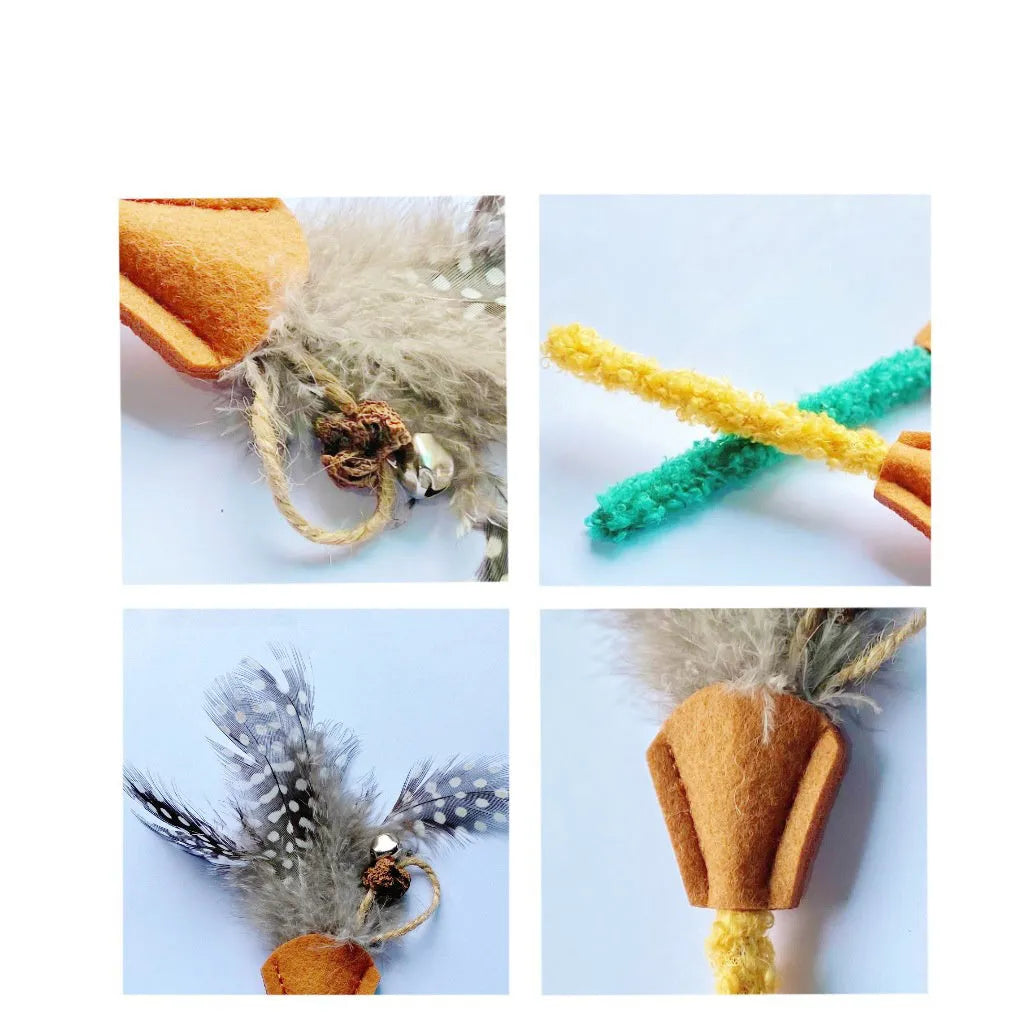 Polygonum wood cat chew toy with green and yellow feather attachments for dental health and interactive play