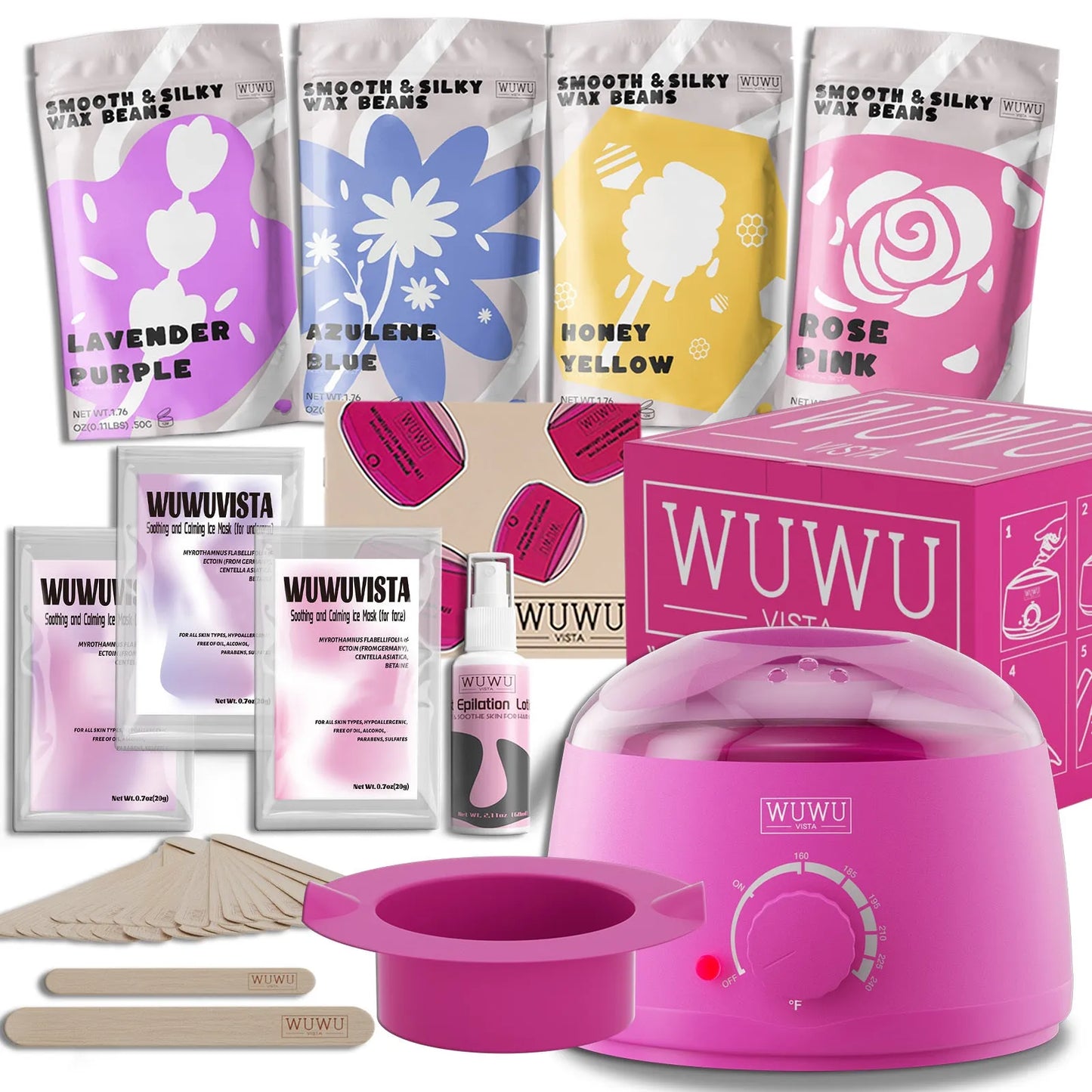 Waxing gift set with 200ml warmer, 4 wax beads, 20 sticks, aftercare lotion and ice masks for hair removal