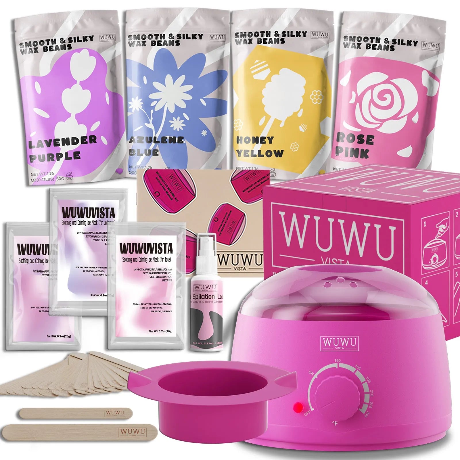 Waxing gift set with 200ml warmer, 4 wax beads, 20 sticks, aftercare lotion and ice masks for hair removal