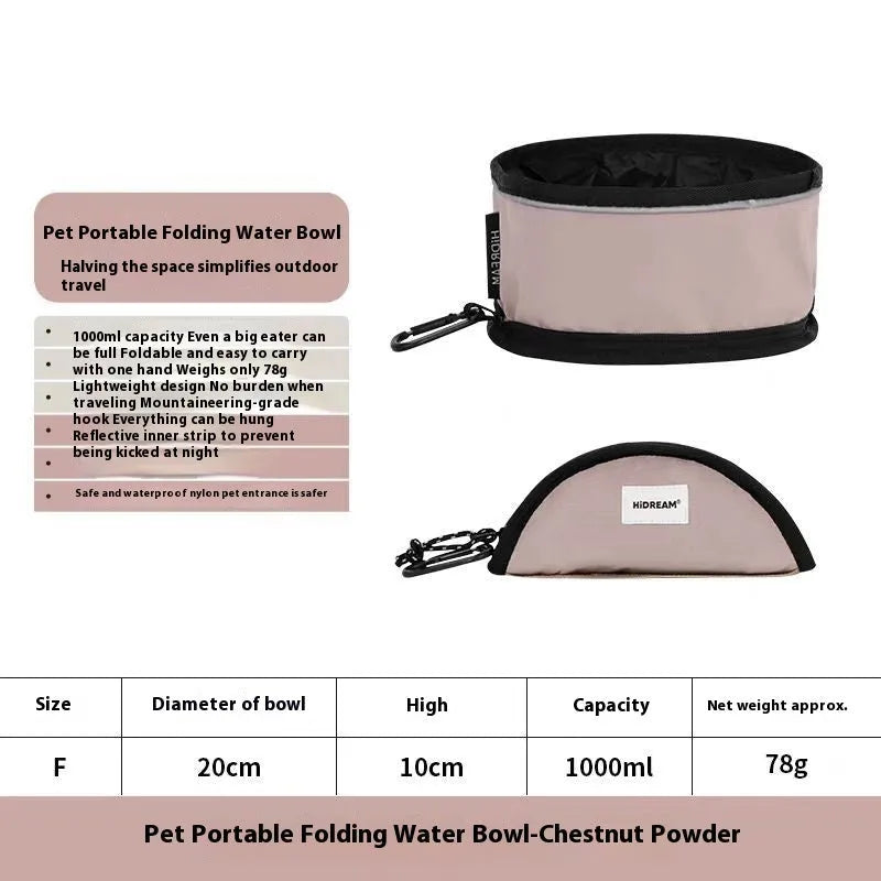 Folding pet water bowl in 190D nylon waterproof cloth, 1000ml capacity, shown in Chestnut Pink, Dark Green, Gray Green or Khaki