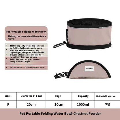 Folding pet water bowl in 190D nylon waterproof cloth, 1000ml capacity, shown in Chestnut Pink, Dark Green, Gray Green or Khaki