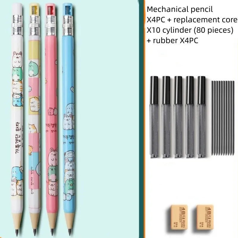 Set of colourful cartoon-designed children's mechanical pencils with 2B lead cylinders and erasers