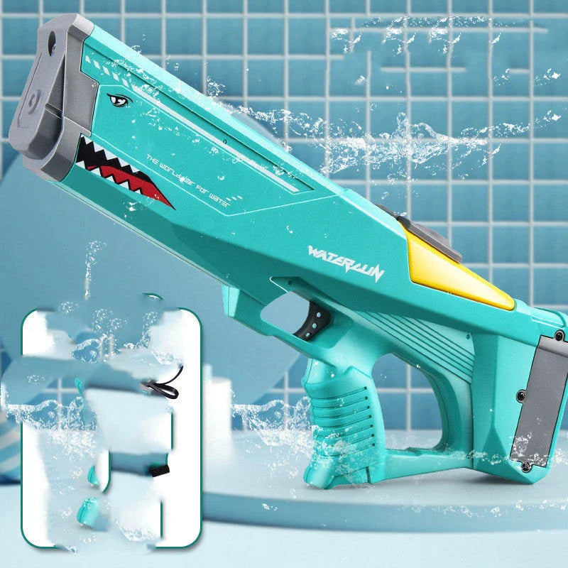 High-powered electric shark-shaped water blaster for outdoor summer fun, pool parties, and water fights