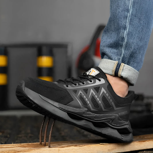 Black steel toe cap labour protection shoes with lace-up front and flat knitted uppers