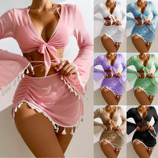 4-piece solid color bikini set with skirt and long sleeve cover-up
