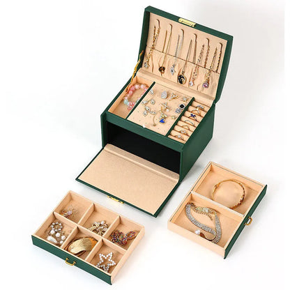 Portable dustproof jewellery box 18x14x13cm in white, pink, green, or black with density plate leather and flannel