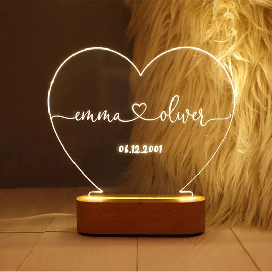 Custom LED night light with 20cm x 11.5cm acrylic plate displaying personalised text, USB powered for bedroom decor