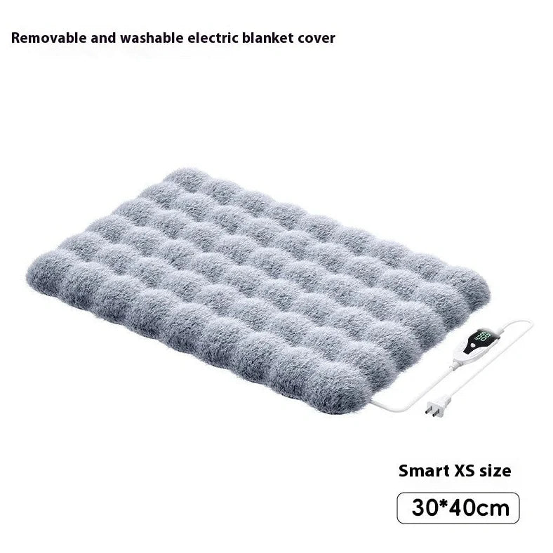 Gray pet electric blanket with intelligent temperature control for cats and dogs showing four size options