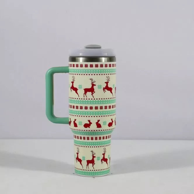 Christmas pattern stainless steel vacuum tumbler with handle and straw