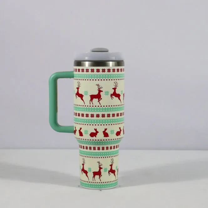 Stainless steel travel tumbler with handle, 1200ml capacity, Christmas pattern design, car cup holder compatible
