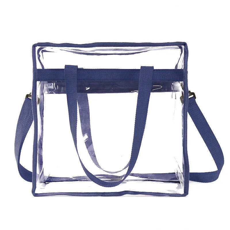 Women's PVC transparent shoulder messenger bag showing clear front panel with colour options and dual strap design